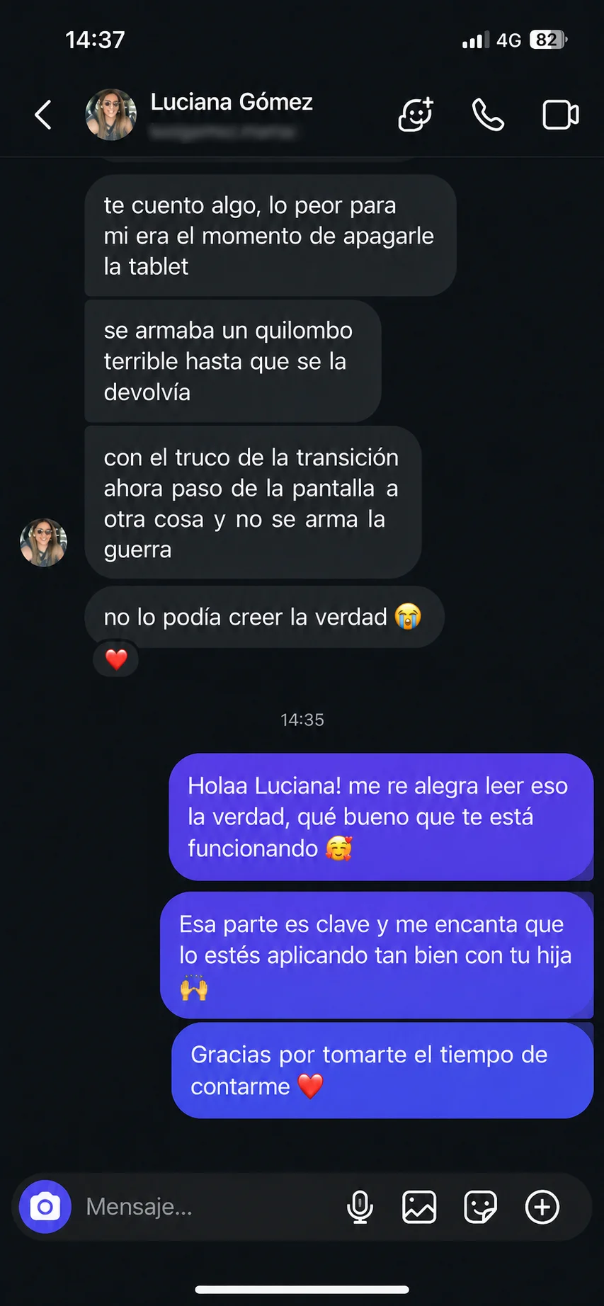 Testimonio real por Instagram de Luciana Gómez